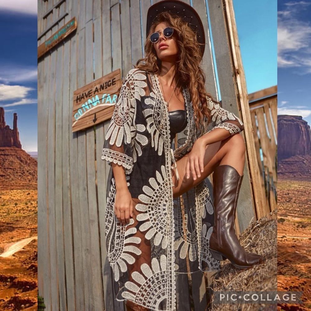Boho Western Gypsy Black & White Embroidered Front Tie Kimono Duster One Size